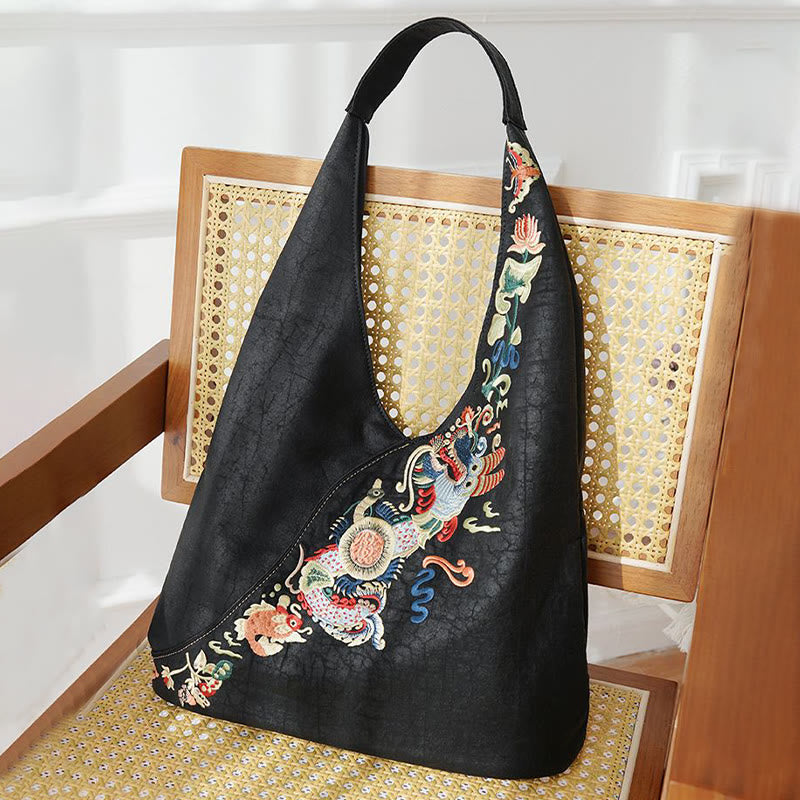 Nimara Ritual Fish Flower Phoenix Embroidery Xiangyunsha Silk Shoulder Bag