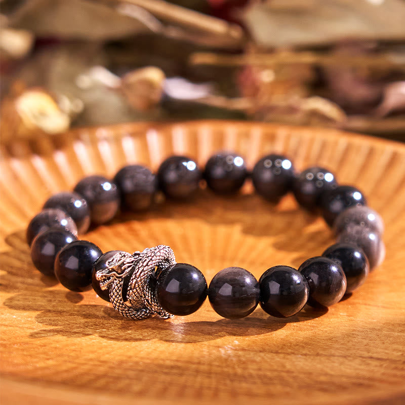 Nimara Ritual Silver Sheen Obsidian Dragon Protection Bracelet