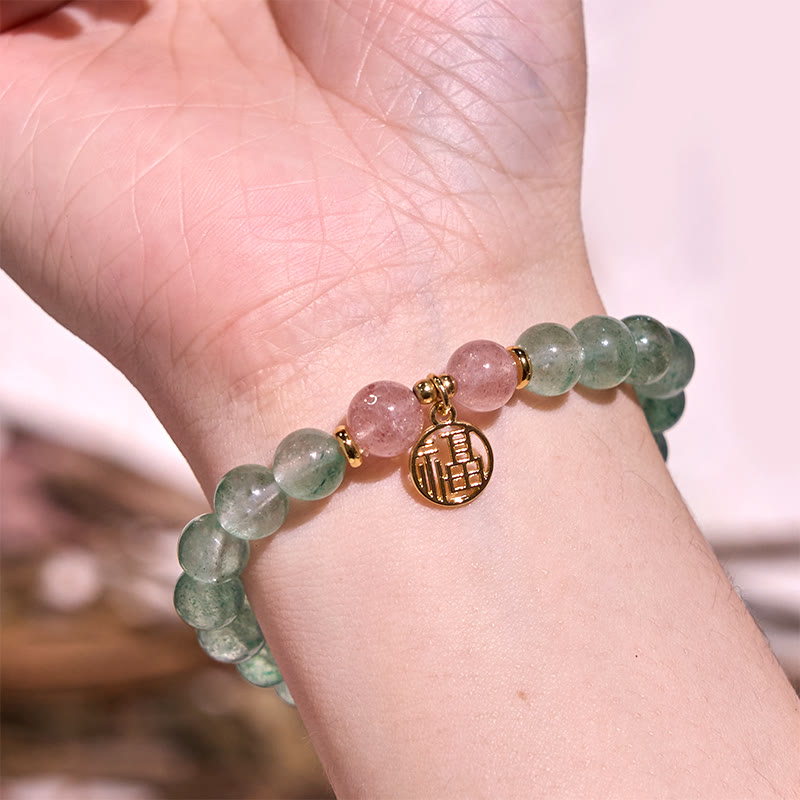 Nimara Ritual Natural Green Strawberry Quartz Soothing Fu Character Bracelet