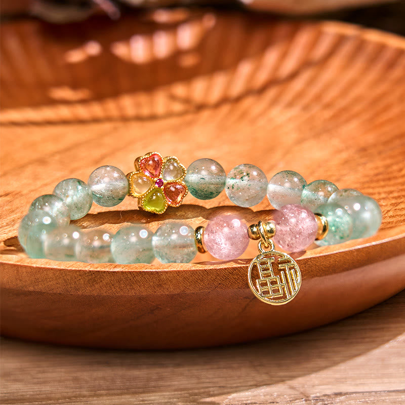 Nimara Ritual Natural Green Strawberry Quartz Soothing Fu Character Bracelet