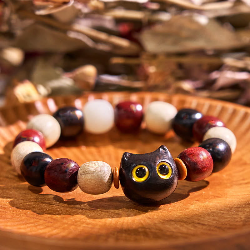 Nimara Ritual Small Leaf Red Sandalwood Ebony Wood Cute Cat Engraved Protection Bracelet