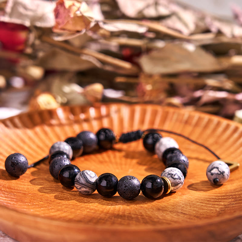 Nimara Ritual Black Obsidian Lava Rock Stone Yin Yang Strength Bracelet