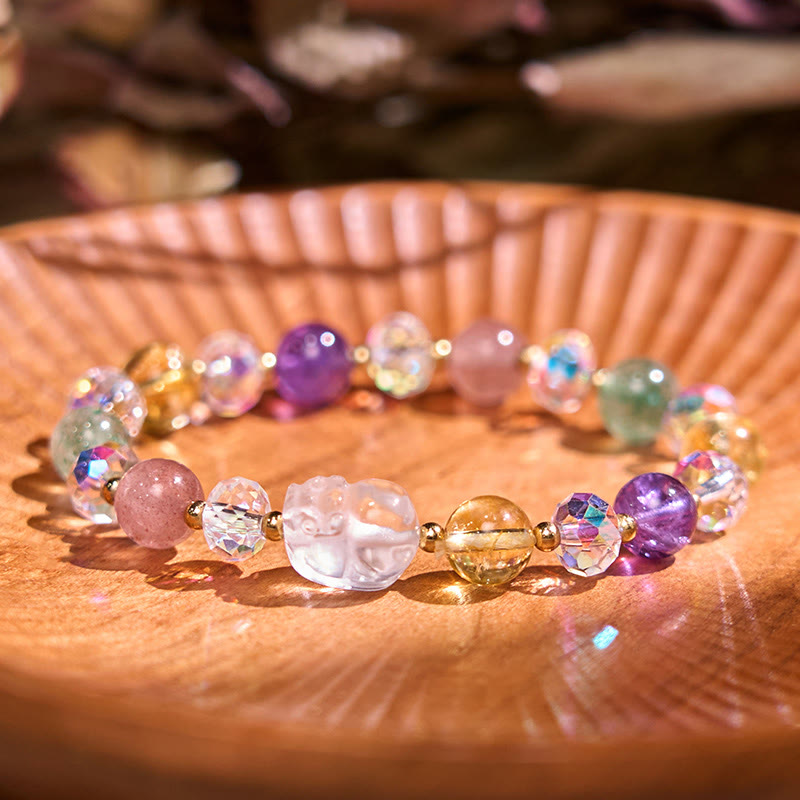 Nimara Ritual PiXiu White Crystal Citrine Green Strawberry Quartz Amethyst Luck Bracelet