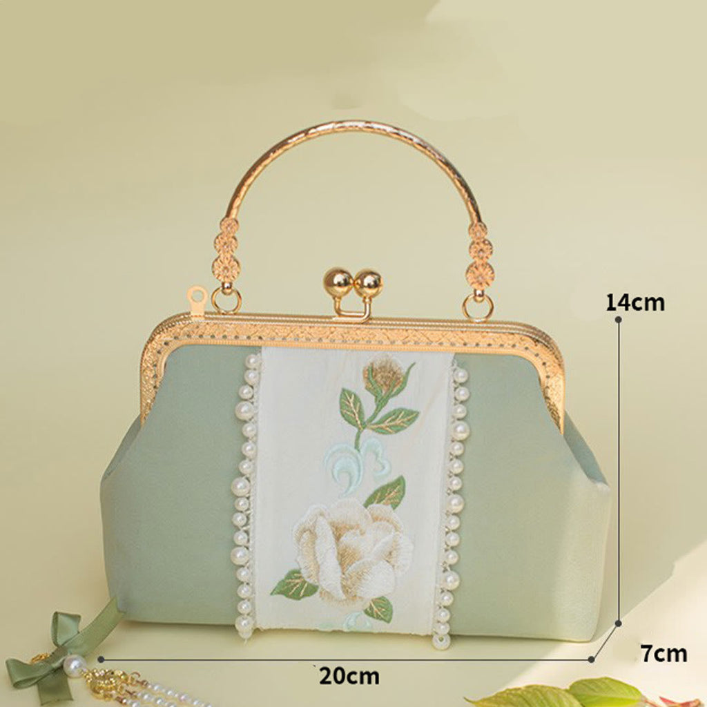 Nimara Ritual Double-sided Flowers Embroidery Pearl Pendant Metal Chain Crossbody Bag Handbags