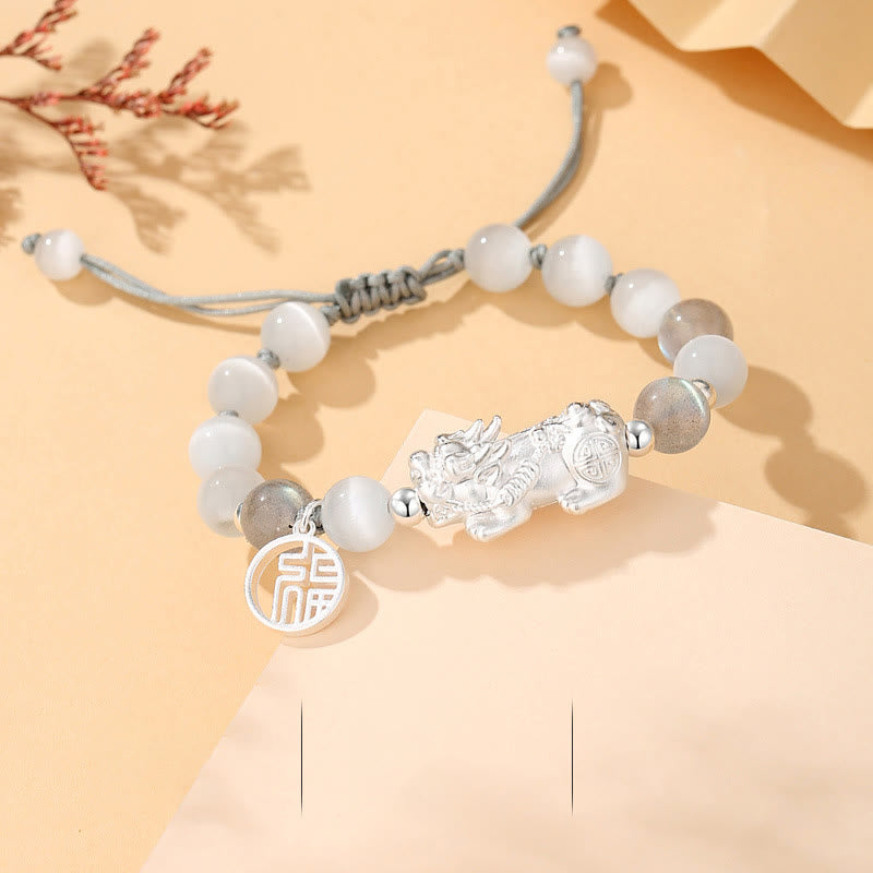 Nimara Ritual Pi Xiu Six True Words 999 Sterling Silver Black Obsidian White Turquoise Chrysoberyl Luck Bracelet