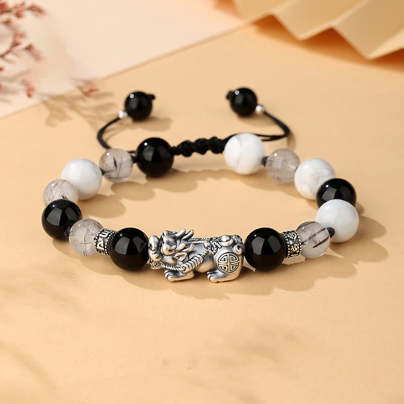 Nimara Ritual Pi Xiu Six True Words 999 Sterling Silver Black Obsidian White Turquoise Chrysoberyl Luck Bracelet
