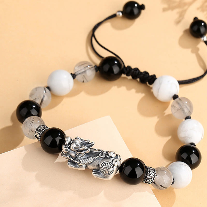 Nimara Ritual Pi Xiu Six True Words 999 Sterling Silver Black Obsidian White Turquoise Chrysoberyl Luck Bracelet