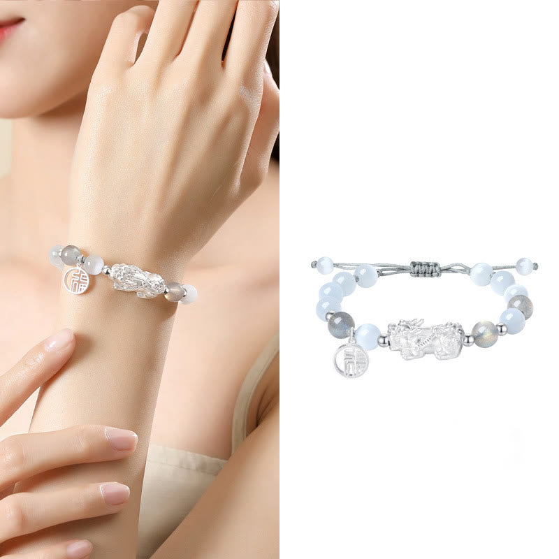 Nimara Ritual Pi Xiu Six True Words 999 Sterling Silver Black Obsidian White Turquoise Chrysoberyl Luck Bracelet