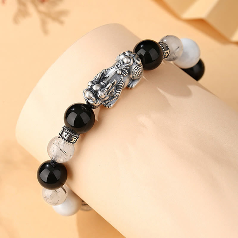 Nimara Ritual Pi Xiu Six True Words 999 Sterling Silver Black Obsidian White Turquoise Chrysoberyl Luck Bracelet