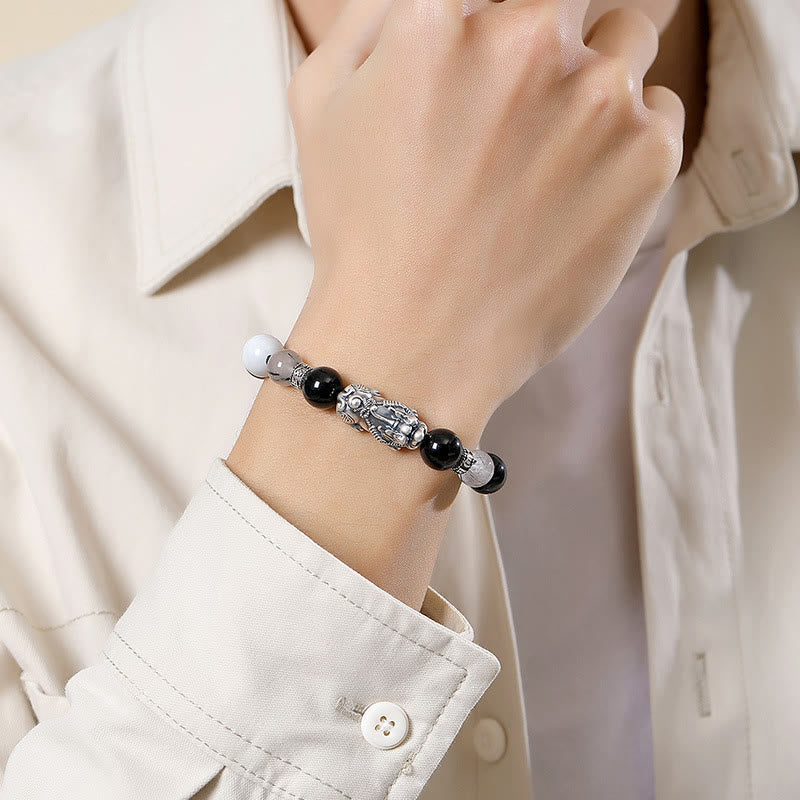 Nimara Ritual Pi Xiu Six True Words 999 Sterling Silver Black Obsidian White Turquoise Chrysoberyl Luck Bracelet