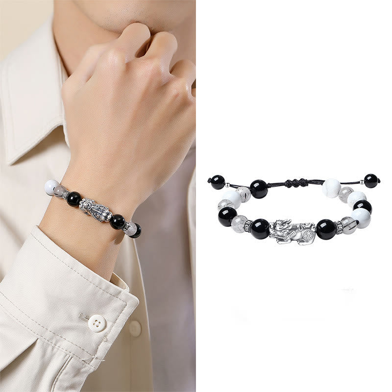 Nimara Ritual Pi Xiu Six True Words 999 Sterling Silver Black Obsidian White Turquoise Chrysoberyl Luck Bracelet
