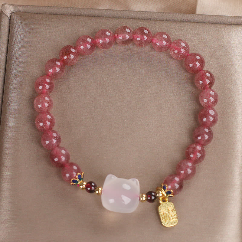 Nimara Ritual Strawberry Quartz White Jade Cat Fu Character Healing Bracelet