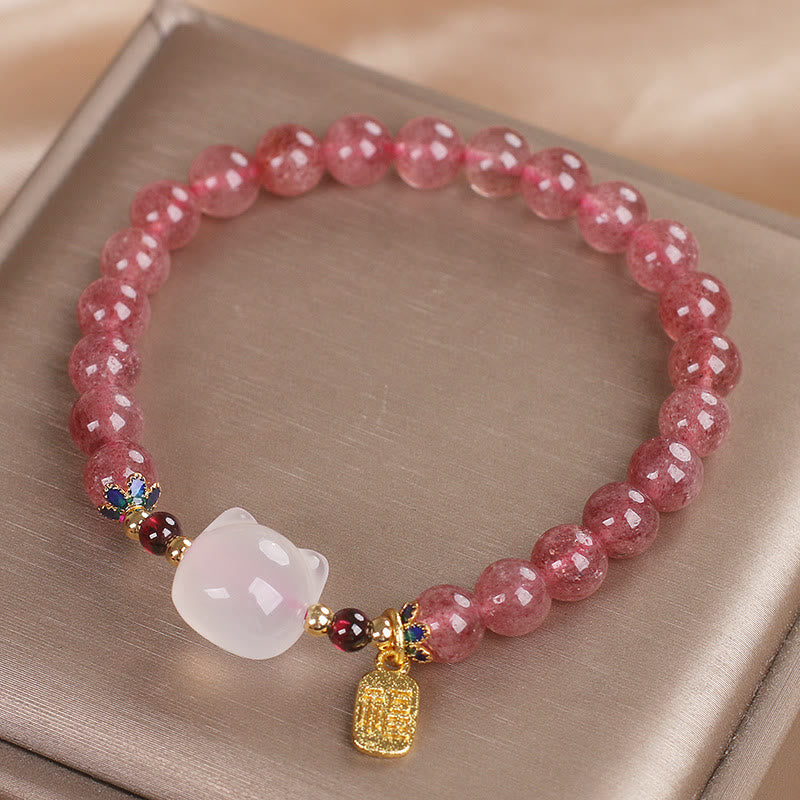 Nimara Ritual Strawberry Quartz White Jade Cat Fu Character Healing Bracelet