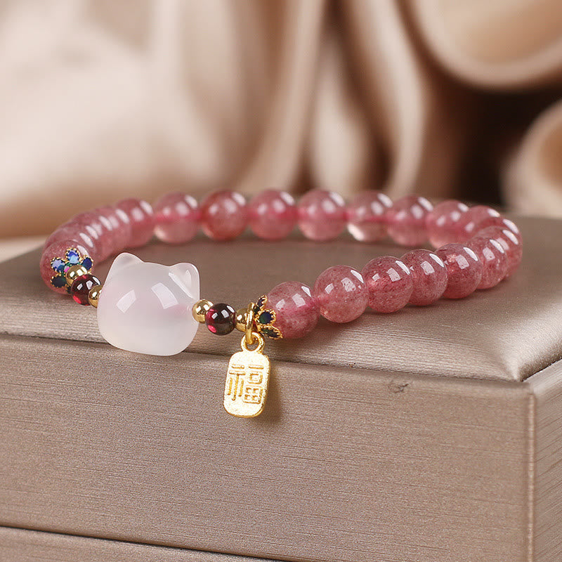 Nimara Ritual Strawberry Quartz White Jade Cat Fu Character Healing Bracelet