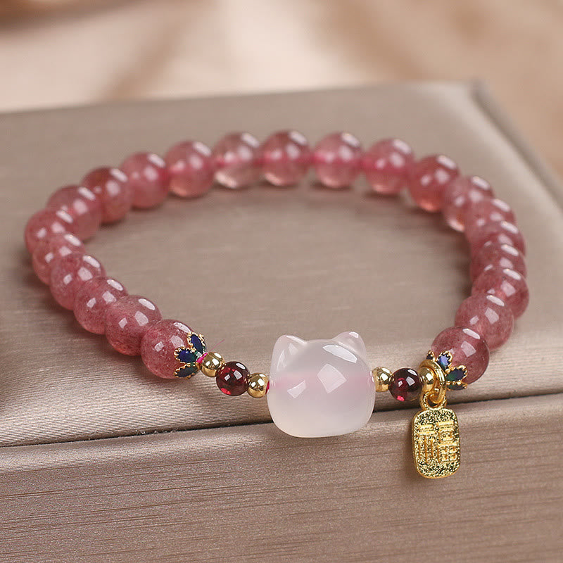 Nimara Ritual Strawberry Quartz White Jade Cat Fu Character Healing Bracelet
