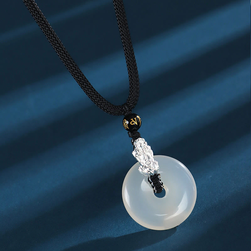 Nimara Ritual White Agate 999 Sterling Silver Black Onyx Green Sandalwood Pi Xiu Peace Buckle Six True Words Necklace Pendant
