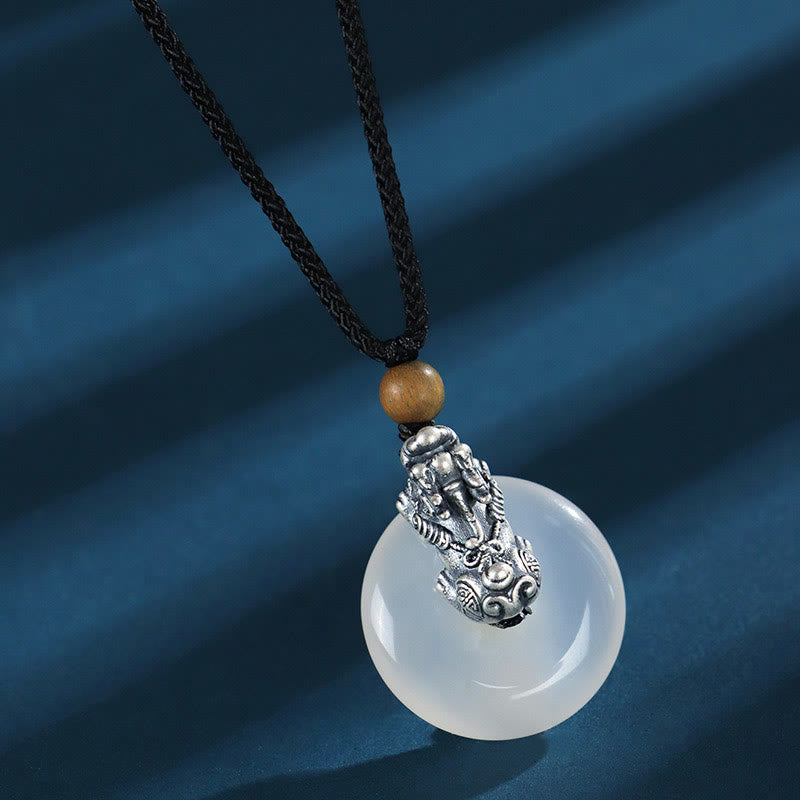 Nimara Ritual White Agate 999 Sterling Silver Black Onyx Green Sandalwood Pi Xiu Peace Buckle Six True Words Necklace Pendant