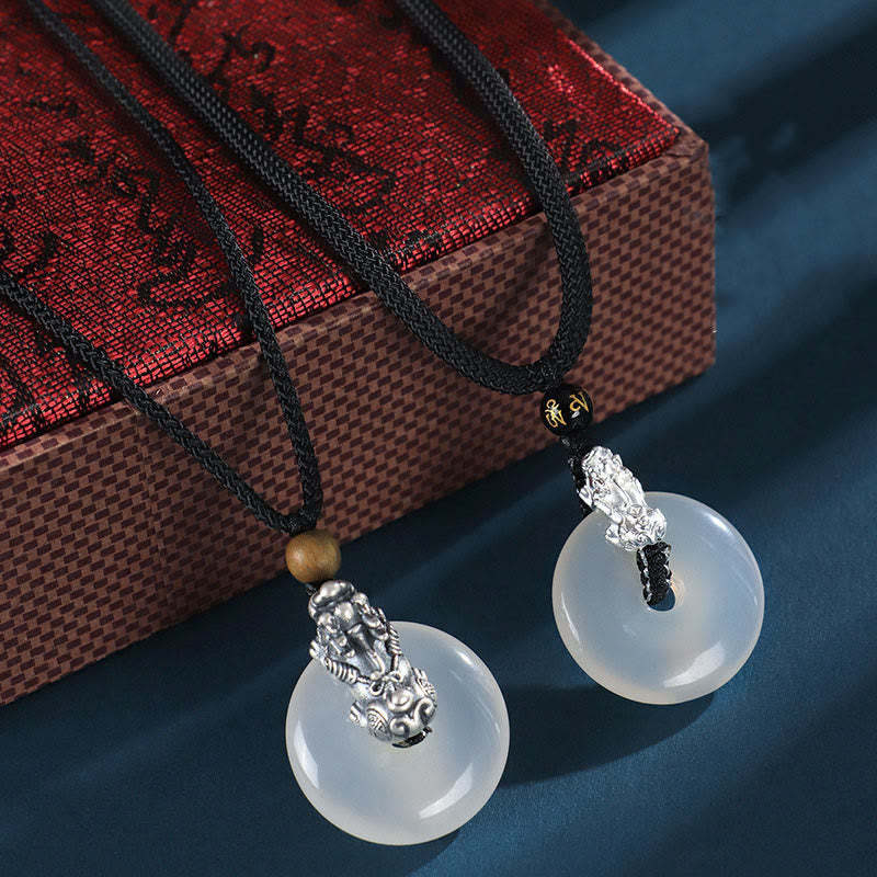 Nimara Ritual White Agate 999 Sterling Silver Black Onyx Green Sandalwood Pi Xiu Peace Buckle Six True Words Necklace Pendant