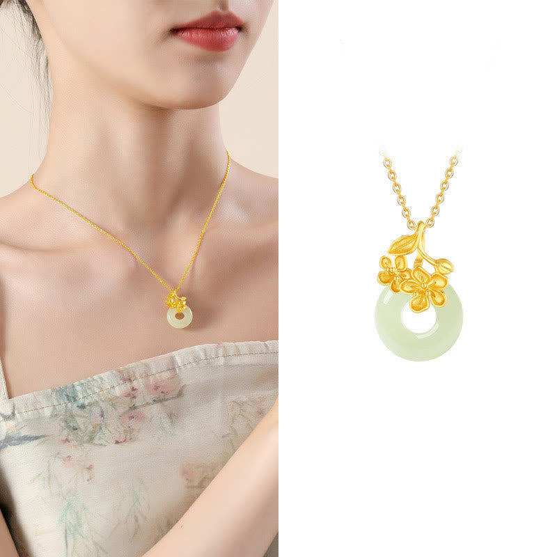 Nimara Ritual Hetian Jade 999 Sterling Silver Peace Buckle Peach Blossom Necklace Pendant
