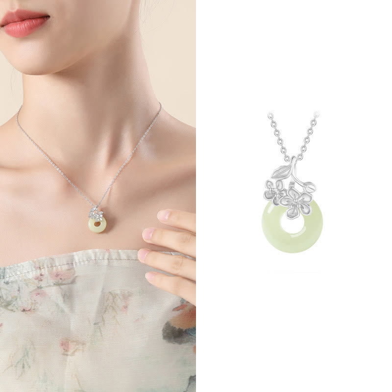 Nimara Ritual Hetian Jade 999 Sterling Silver Peace Buckle Peach Blossom Necklace Pendant
