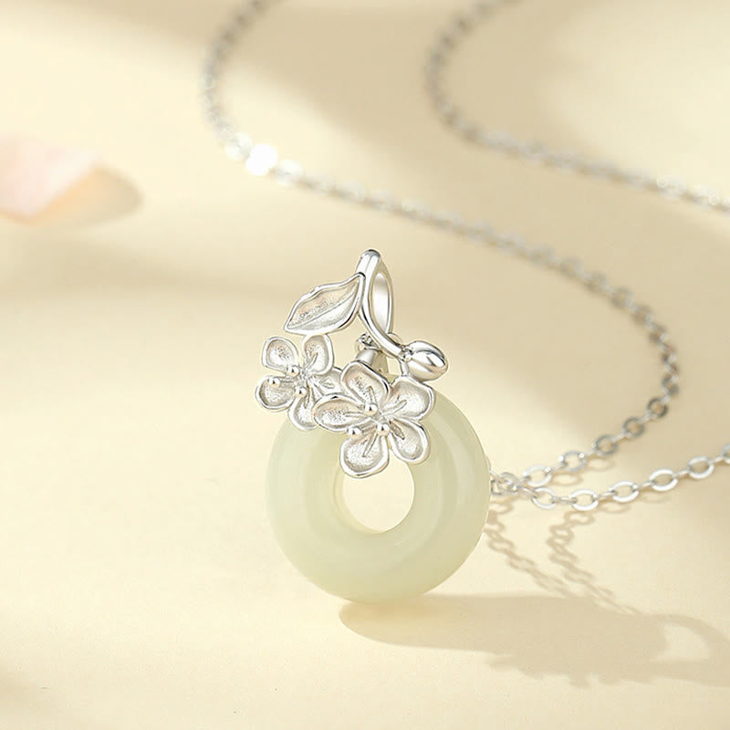 Nimara Ritual Hetian Jade 999 Sterling Silver Peace Buckle Peach Blossom Necklace Pendant