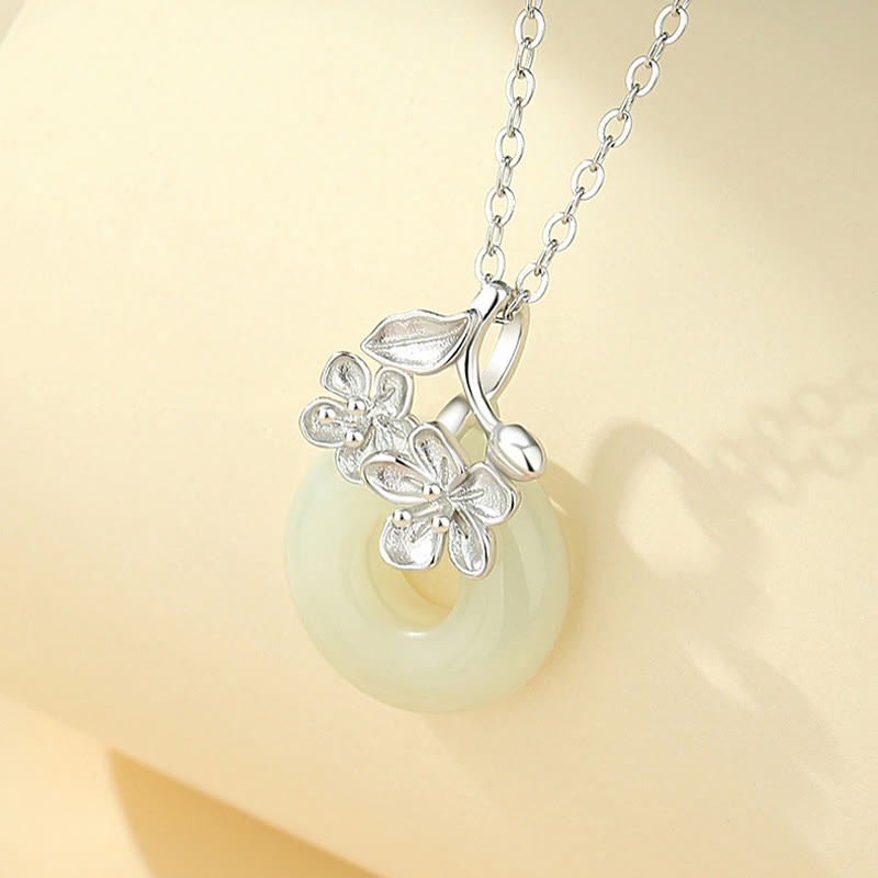 Nimara Ritual Hetian Jade 999 Sterling Silver Peace Buckle Peach Blossom Necklace Pendant