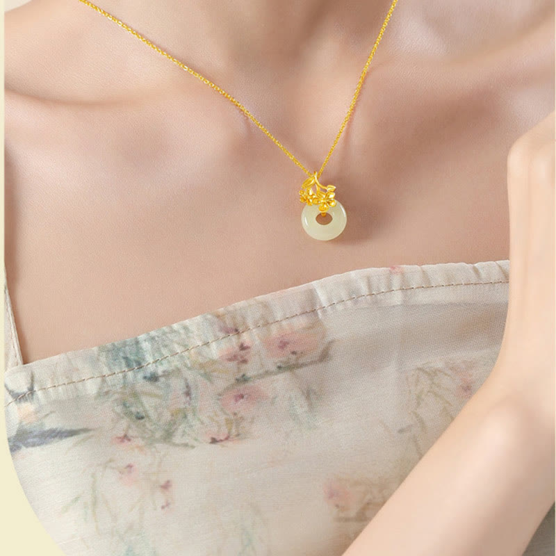 Nimara Ritual Hetian Jade 999 Sterling Silver Peace Buckle Peach Blossom Necklace Pendant