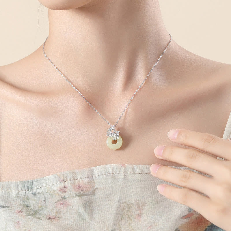 Nimara Ritual Hetian Jade 999 Sterling Silver Peace Buckle Peach Blossom Necklace Pendant