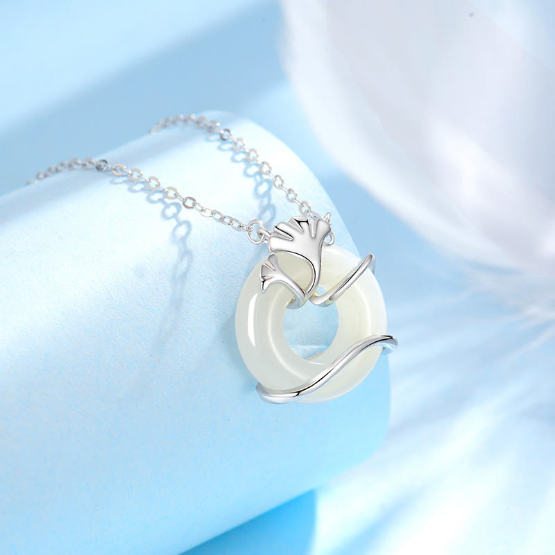 Nimara Ritual Hetian Jade 925 Sterling Silver Peace Buckle Ginkgo Leaf Necklace Pendant