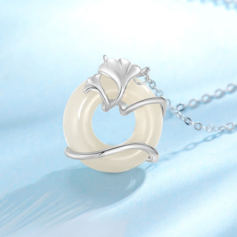 Nimara Ritual Hetian Jade 925 Sterling Silver Peace Buckle Ginkgo Leaf Necklace Pendant