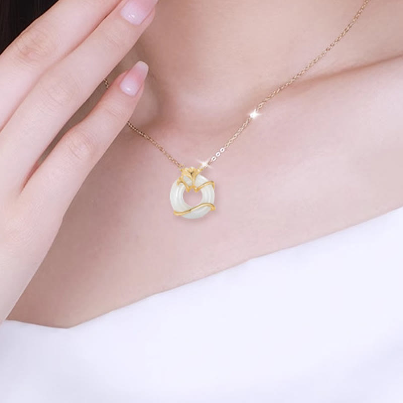 Nimara Ritual Hetian Jade 925 Sterling Silver Peace Buckle Ginkgo Leaf Necklace Pendant