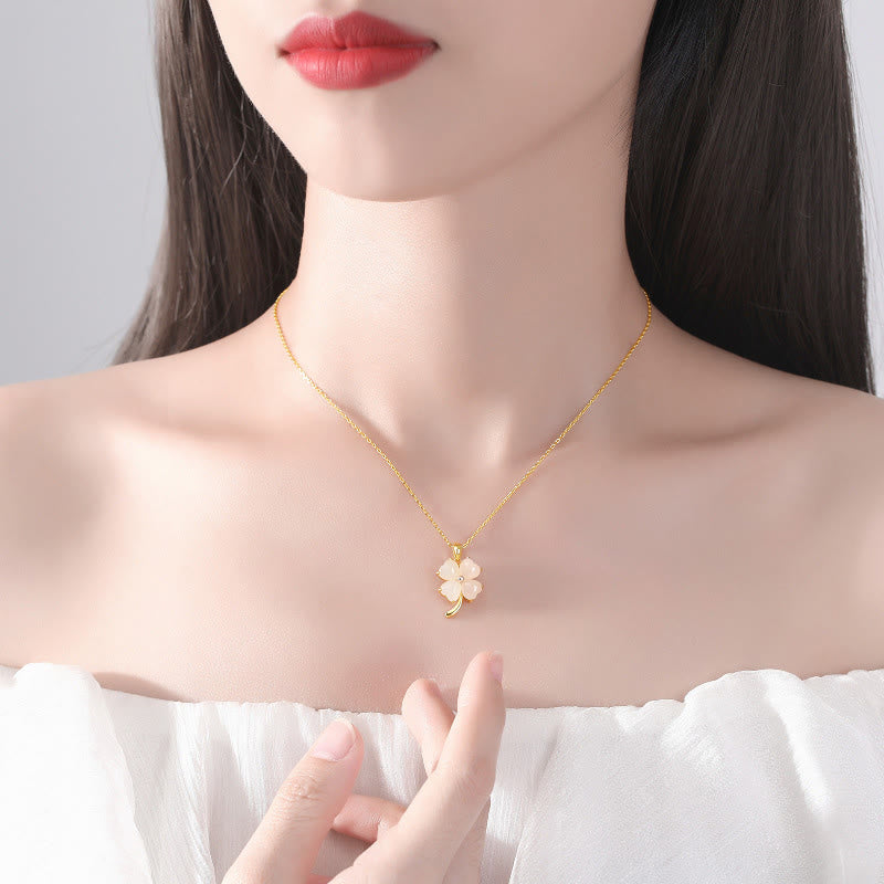 Nimara Ritual Hetian Jade 925 Sterling Silver Four Leaf Clover Necklace Pendant