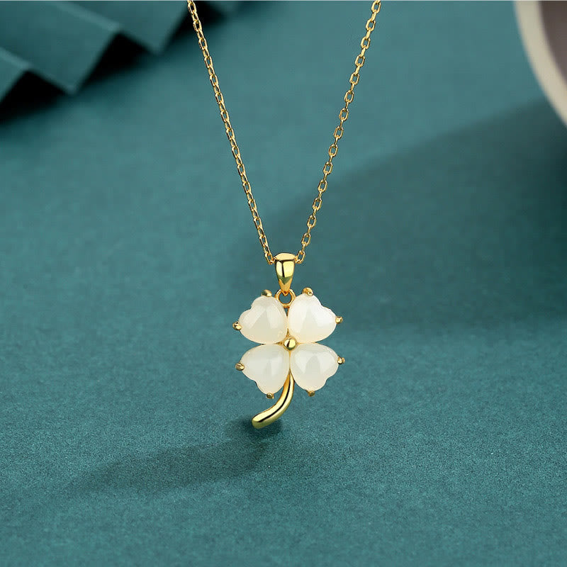 Nimara Ritual Hetian Jade 925 Sterling Silver Four Leaf Clover Necklace Pendant
