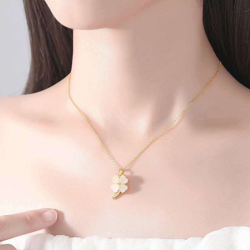 Nimara Ritual Hetian Jade 925 Sterling Silver Four Leaf Clover Necklace Pendant