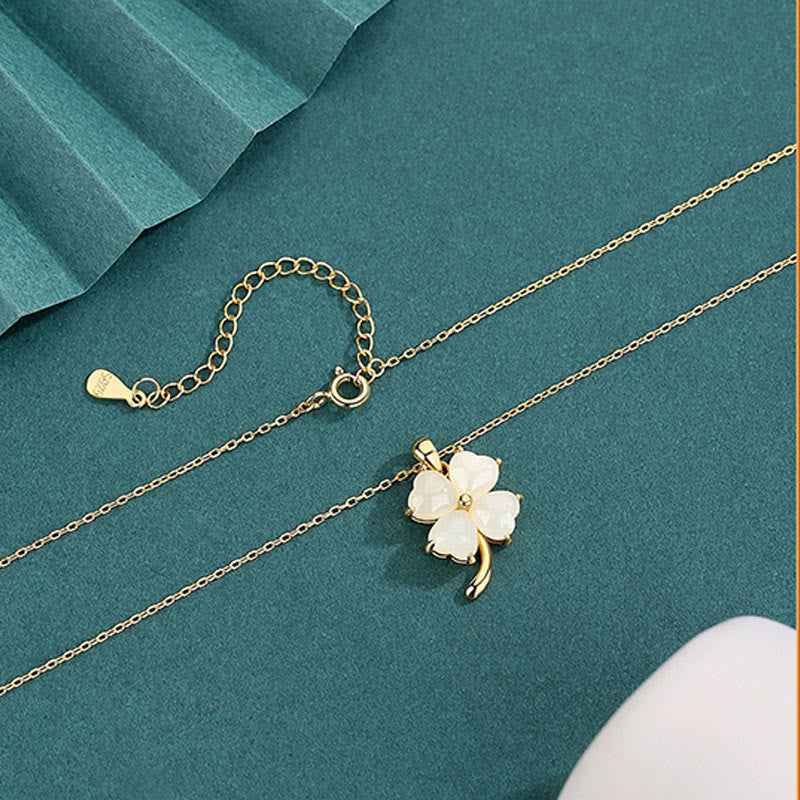 Nimara Ritual Hetian Jade 925 Sterling Silver Four Leaf Clover Necklace Pendant