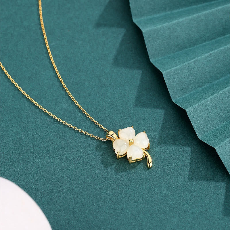 Nimara Ritual Hetian Jade 925 Sterling Silver Four Leaf Clover Necklace Pendant