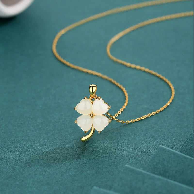 Nimara Ritual Hetian Jade 925 Sterling Silver Four Leaf Clover Necklace Pendant