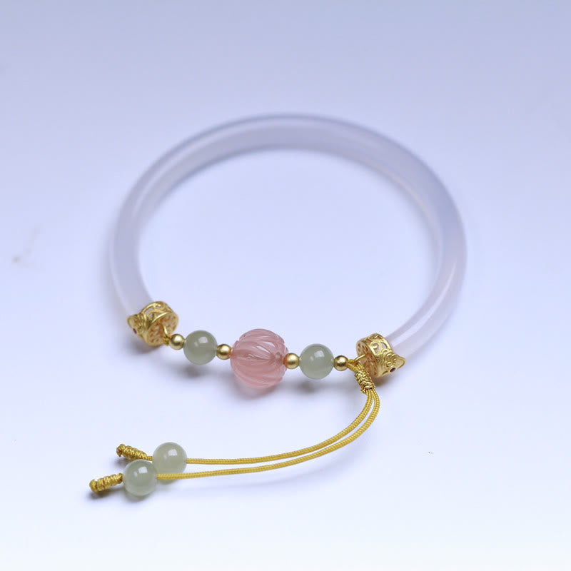 Nimara Ritual Natural White Agate Lotus Hetian Jade Beads Positive Bracelet Bangle