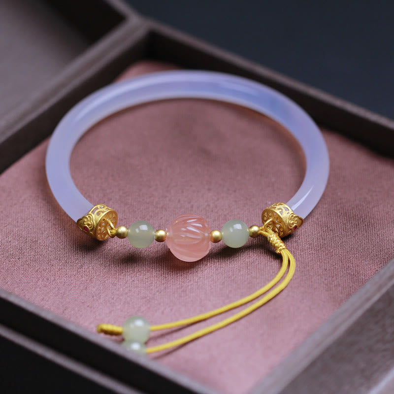 Nimara Ritual Natural White Agate Lotus Hetian Jade Beads Positive Bracelet Bangle