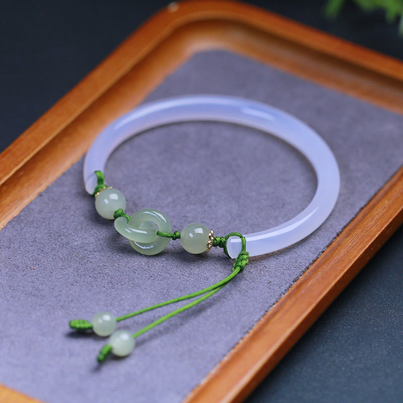 Nimara Ritual Natural White Agate Hetian Jade Beads Interlocking Positive Bracelet Bangle