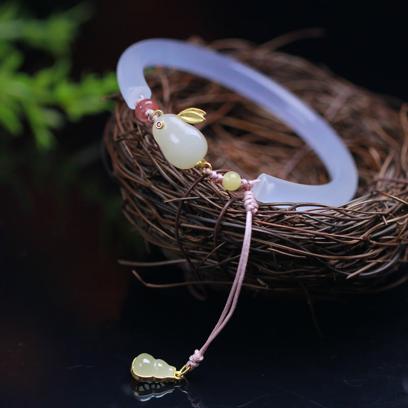 Nimara Ritual Natural White Agate Hetian Jade Rabbit Positive Bracelet Bangle