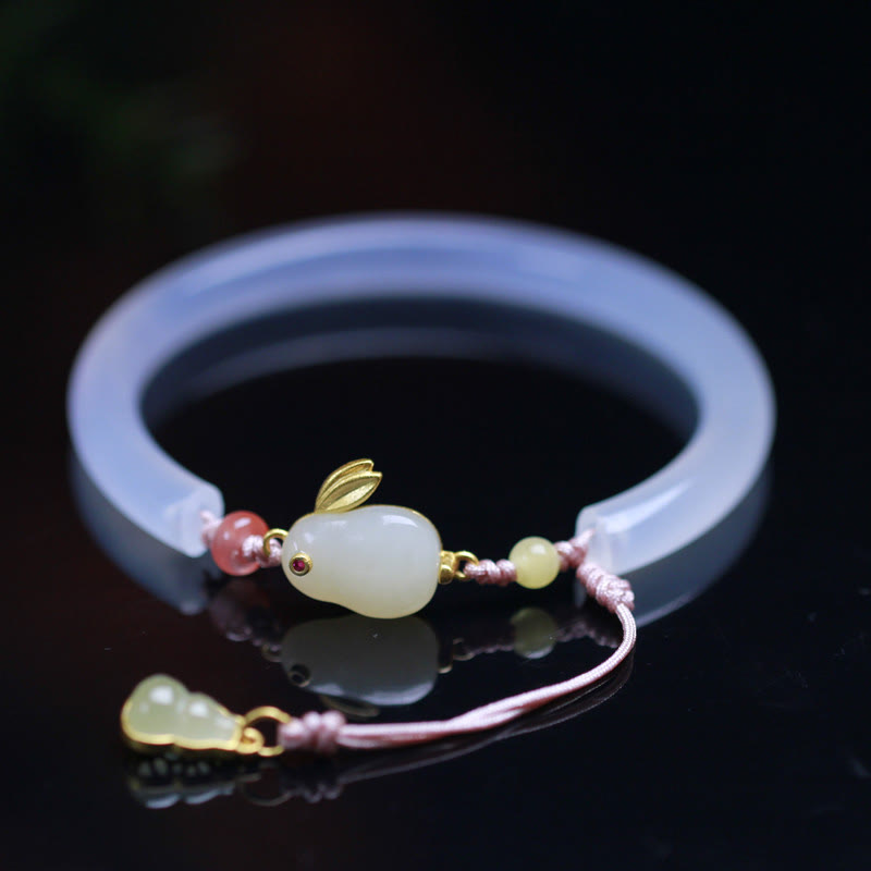 Nimara Ritual Natural White Agate Hetian Jade Rabbit Positive Bracelet Bangle