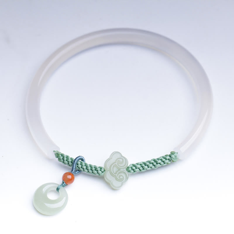 Nimara Ritual Natural White Agate Hetian Jade Peace Buckle Auspicious Clouds Positive Bracelet Bangle