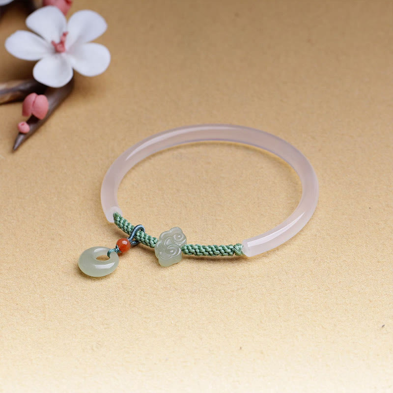 Nimara Ritual Natural White Agate Hetian Jade Peace Buckle Auspicious Clouds Positive Bracelet Bangle