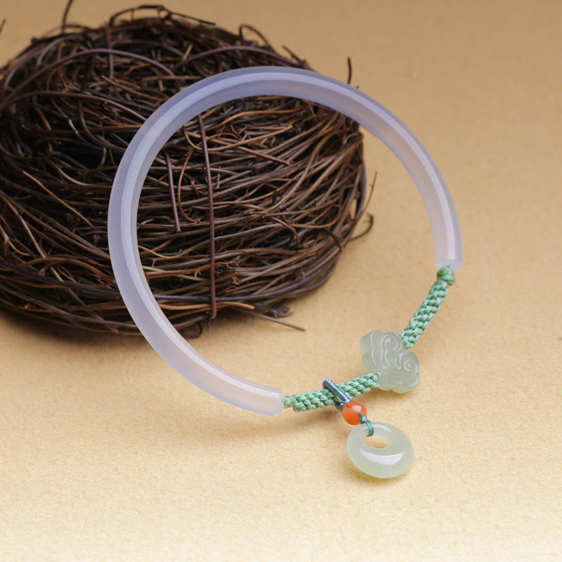 Nimara Ritual Natural White Agate Hetian Jade Peace Buckle Auspicious Clouds Positive Bracelet Bangle