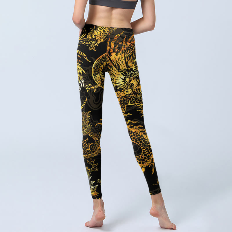 Nimara Ritual Golden Dragon Print Gym Leggings Women's Yoga Pants