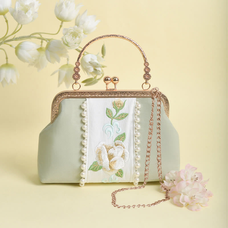 Nimara Ritual Double-sided Flowers Embroidery Pearl Pendant Metal Chain Crossbody Bag Handbags