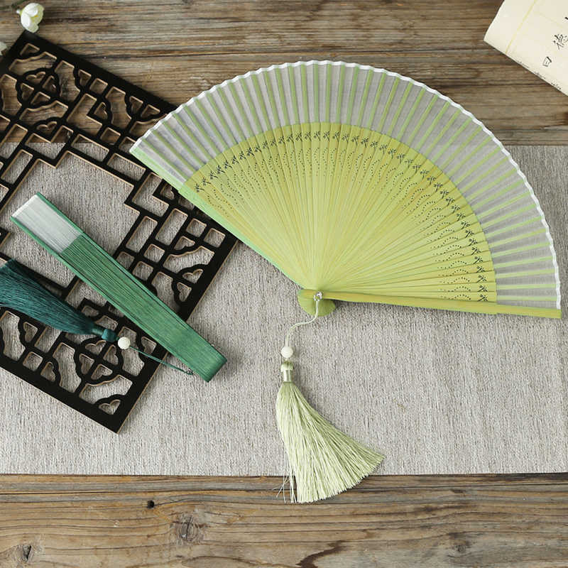 Nimara Ritual Solid Color Dragonfly Tassel Handheld Mulberry Silk Bamboo Folding Fan