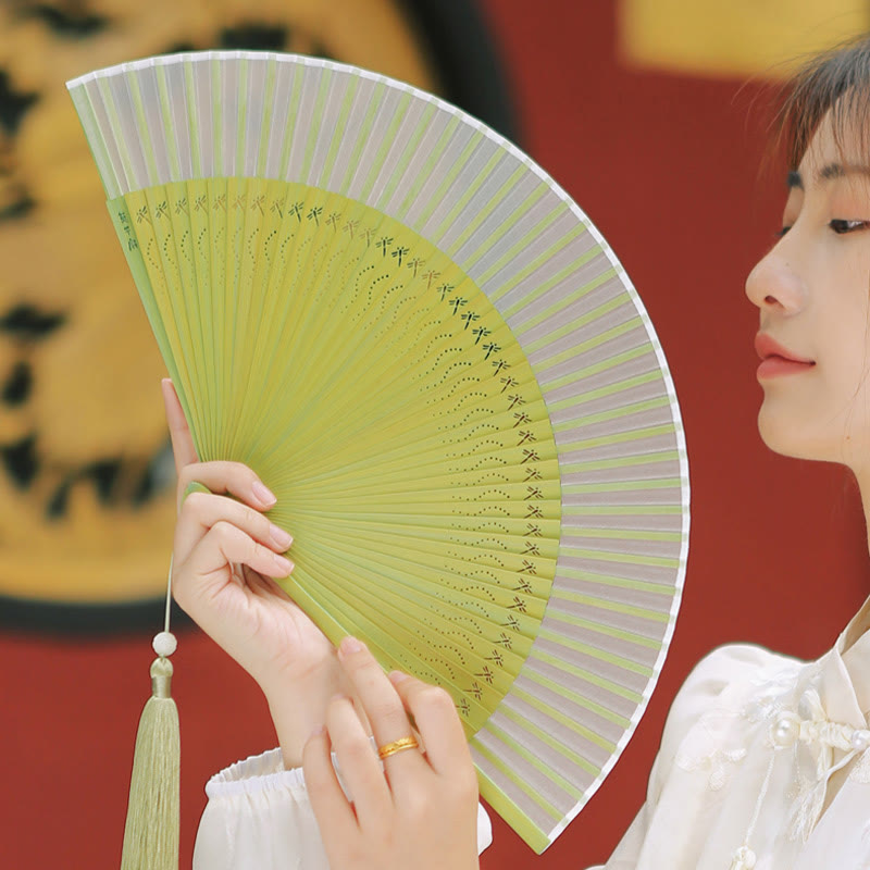 Nimara Ritual Solid Color Dragonfly Tassel Handheld Mulberry Silk Bamboo Folding Fan