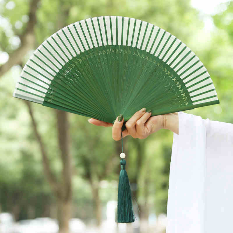 Nimara Ritual Solid Color Dragonfly Tassel Handheld Mulberry Silk Bamboo Folding Fan